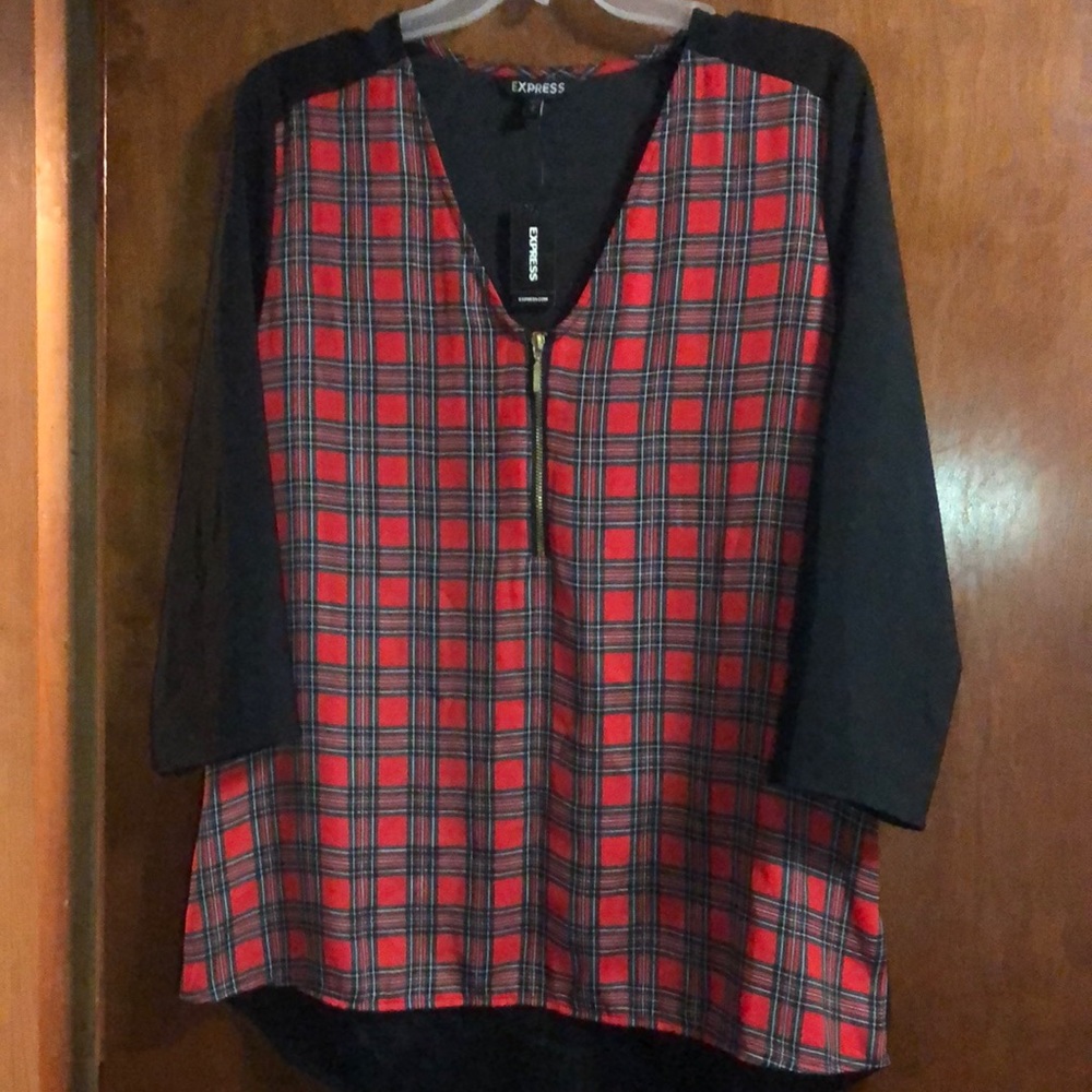 Express Tartan Plaid 3/4 Sleeves Blouse